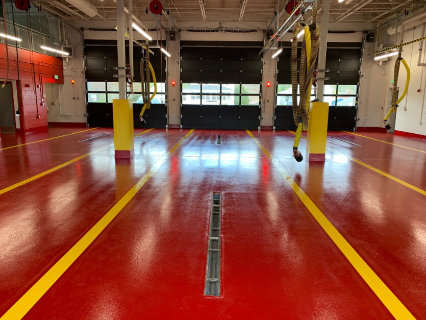 Lewiston Fire Station Gets Fire Red Floor with Yellow Striping